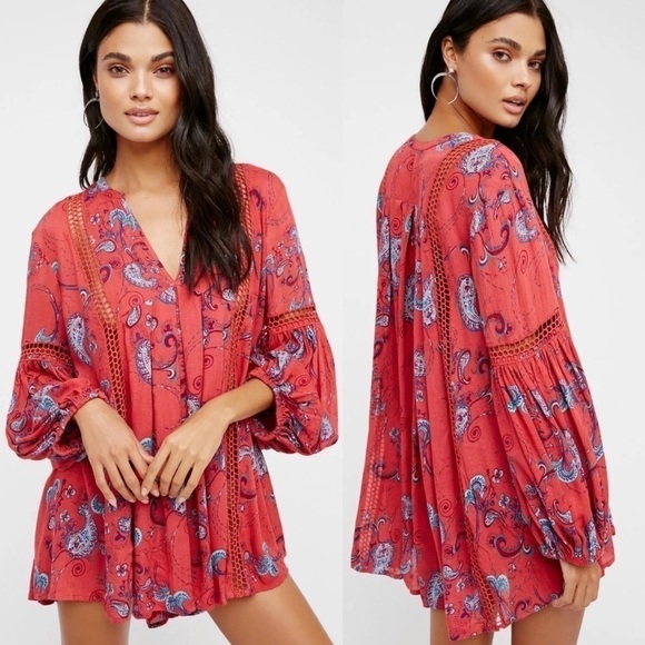 Free People Just The Two Of Us Paisley Printed Tunic In Red Pink Combo Size XS - Picture 1 of 9